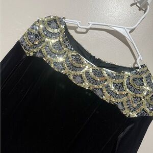 Black Velvet Dress with Gold Sequin Yoke